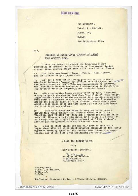 A report written by Lt O'Farrell on the alleged UFO sighting on his 1954 flight. Picture by National Archives of Australia.