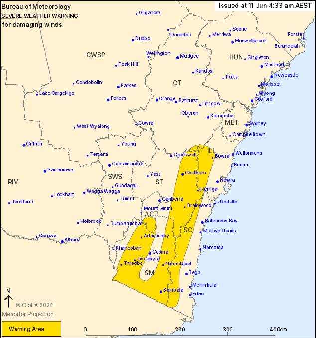 A map sows the regions expected to be impacted by damaging winds today and tomorrow. Picture supplied.