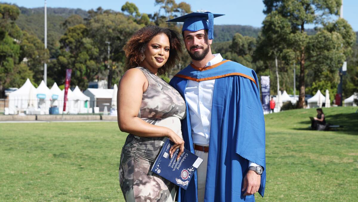 Allison Crawford and Rahif Al Khal Al Saddam at the UOW spring graduations at UOW Sports Hub on October 31, 2023. Picture by Sylvia Liber.