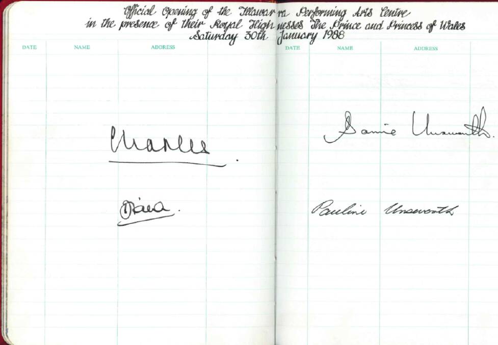 The guest book from the Illawarra Performing Arts Centre containing the signatures of Prince Charles and Princess Diana (left) along with those of NSW Premier Barrie Unsworth and his wife Pauline