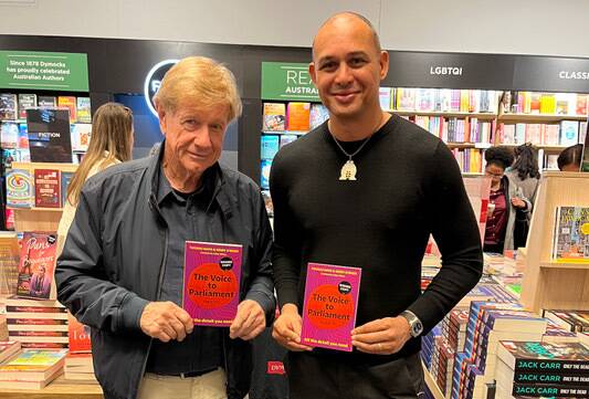Kerry O'Brien (left) and Thomas Mayo with their book the Voice to Parliament Handbook.