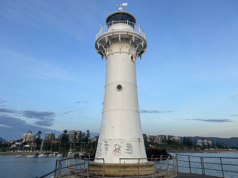 Large graffiti has been scrawled on Wollongong's breakwater lighthouse in the harbour. Pictures by Nadine Morton 