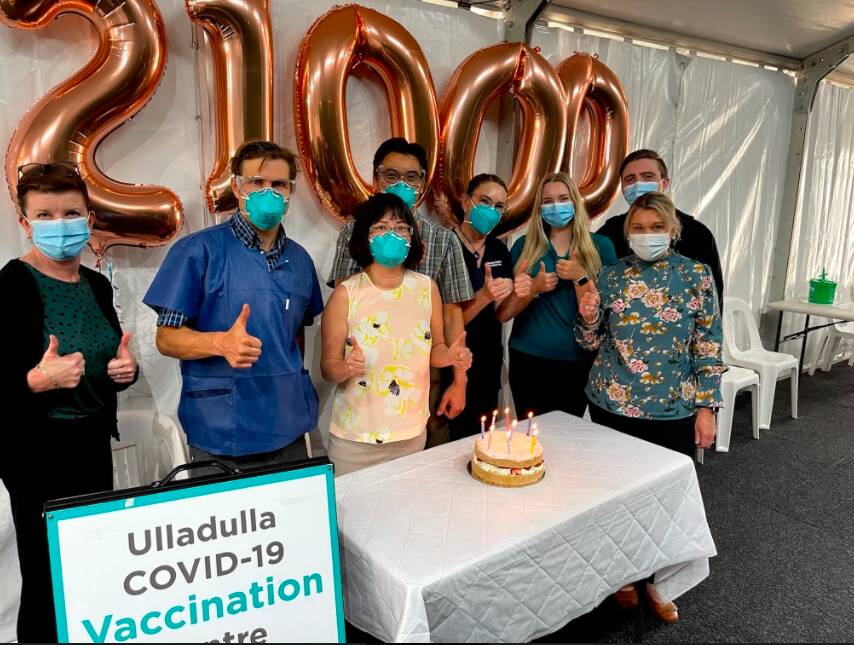 21,000 VACCINATIONS: Some of the hard-working medical and administration team at Ulladulla Vaccination Centre celebrate the local achievement (from left) Sharon Macgregor, Dr Greg Ceccato, Dr Jessie Hoang, Dr Kevin Le, Katrina Tekoronga, Brooke Bunyan, Sam Johnson and Practice Manager Nikki Ricketts.